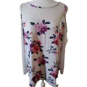 Eye Candy Shirt Women's 2X White Floral Sheer Neckline Sheer Long Sleeve Y2K